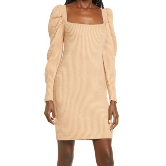 Wayf Leland Long Sleeve Tie Back Short Sheath Sweater Dress size XS camel color - Picture 1 of 14